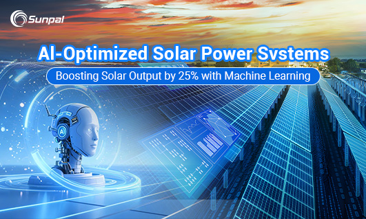 A futuristic banner with rooftop solar panels, a robotic AI head, and digital data overlays at sunset.