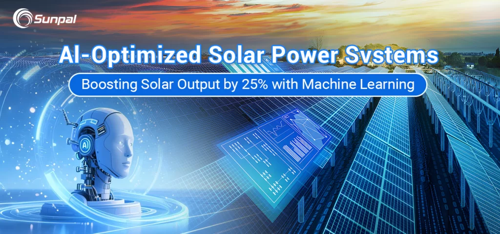 Solar panels under a sunset sky with an AI interface, a robotic profile, and glowing analytics graphics.