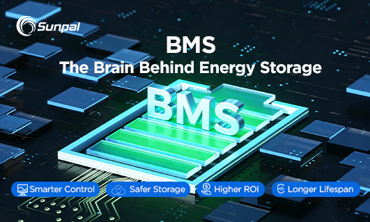 A digital BMS chip graphic surrounded by circuit elements, with labels highlighting smarter control, safer storage, higher ROI, and longer lifespan.