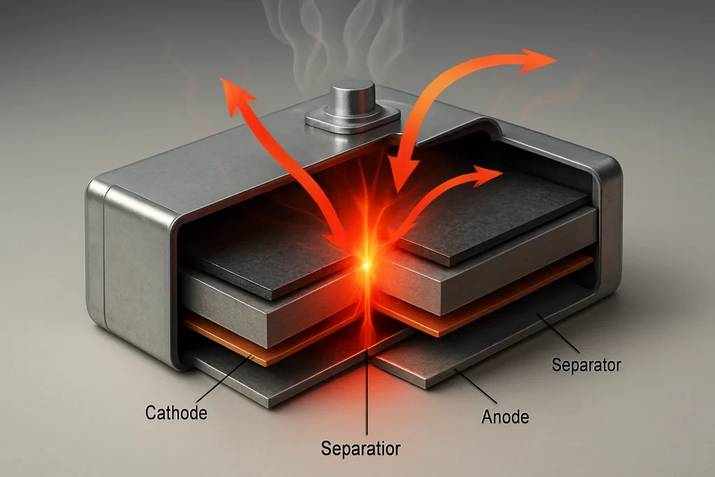 Cutaway illustration of a battery cell with cathode, anode, and separator layers showing heat and flame spreading from the center.