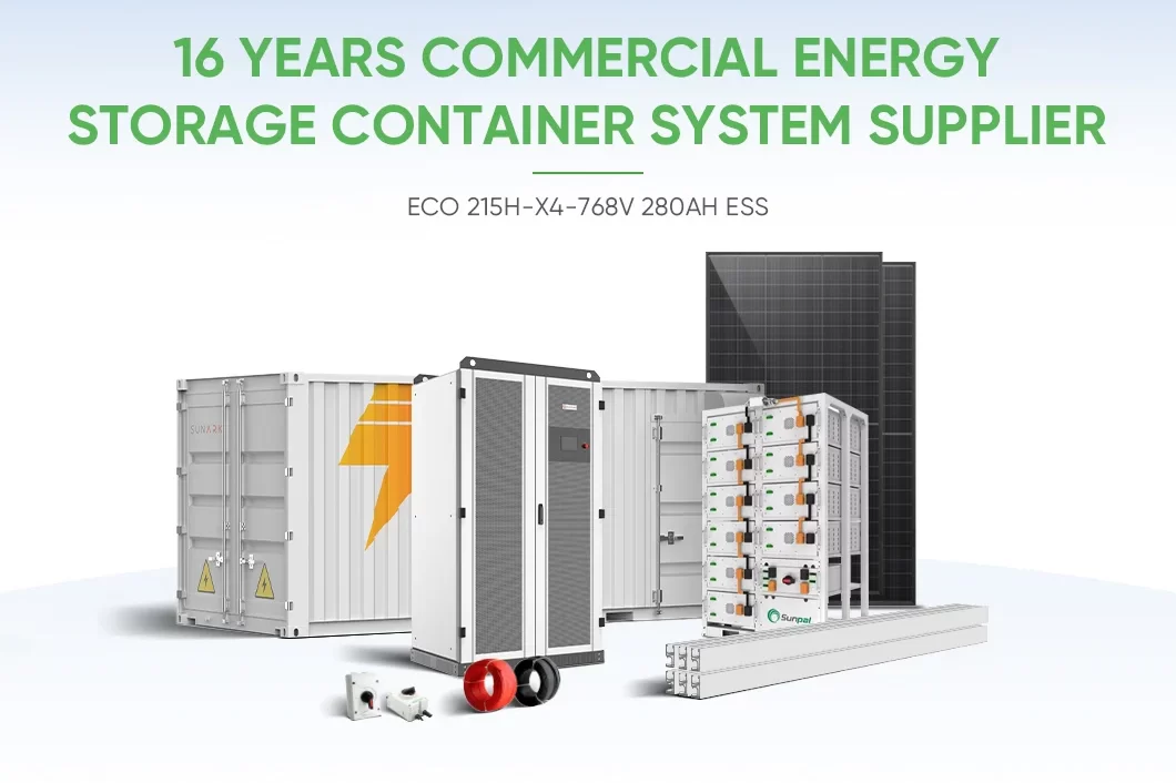 A promotional graphic showcasing a range of renewable energy hardware, including large storage containers, an ECO 215H-X4 ESS rack unit, solar panels, and power management equipment. Green text above highlights 16 years of industry experience.