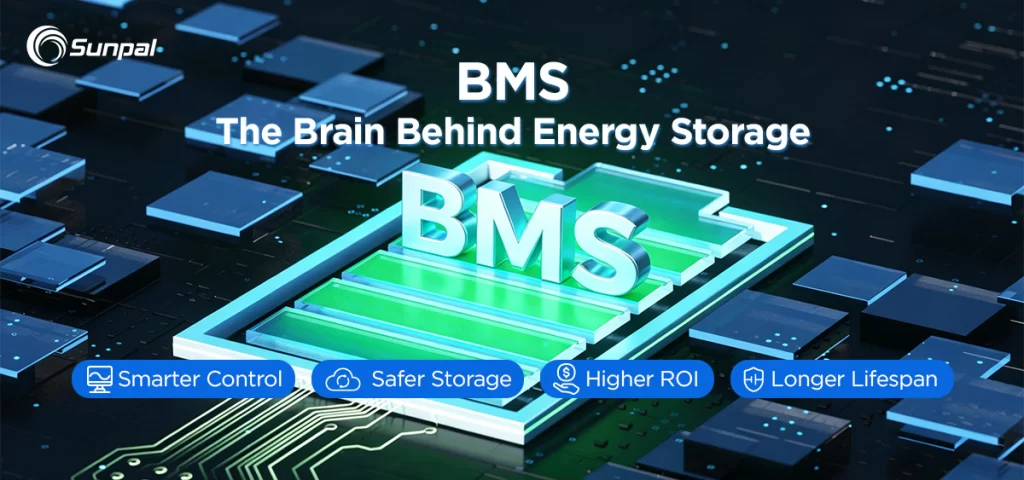 A futuristic energy storage banner featuring a glowing BMS module, circuit board background, and four benefit tags across the bottom.