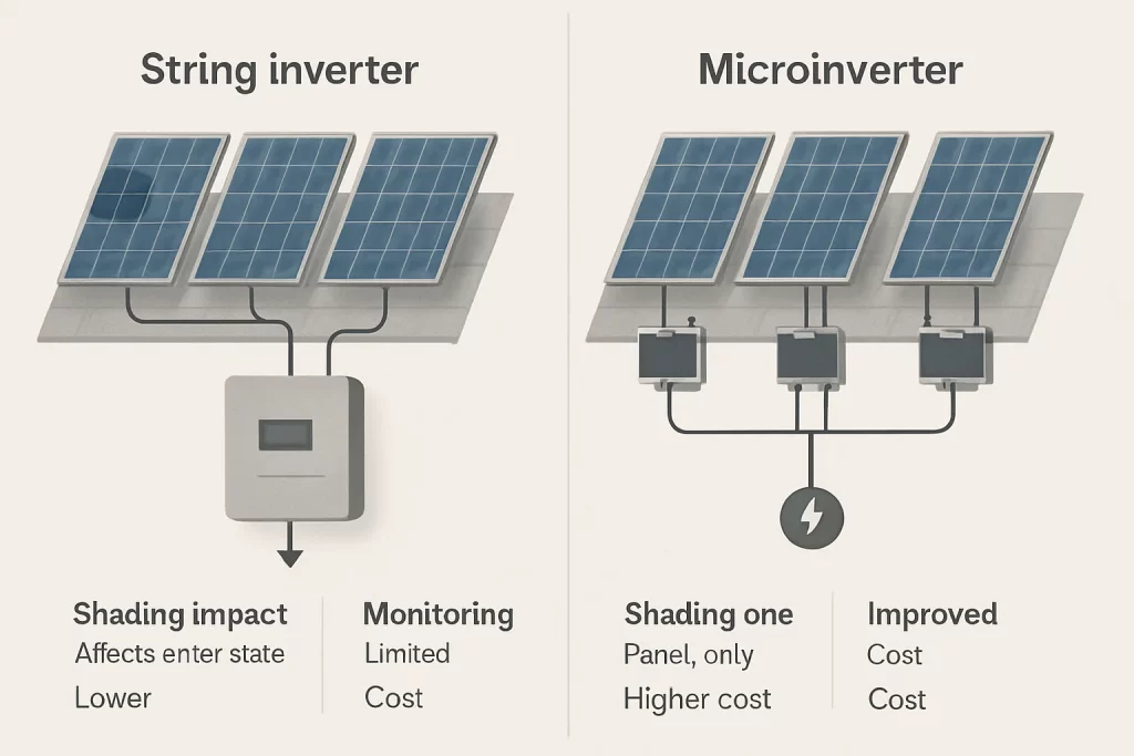 Side-by-side diagram comparing a string inverter system and a microinverter system connected to rooftop solar panels.