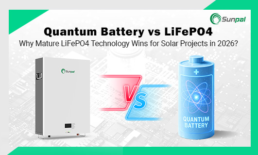 A banner with a LiFePO4 battery cabinet on the left, a glowing “VS” in the center, and a blue quantum battery icon on the right.