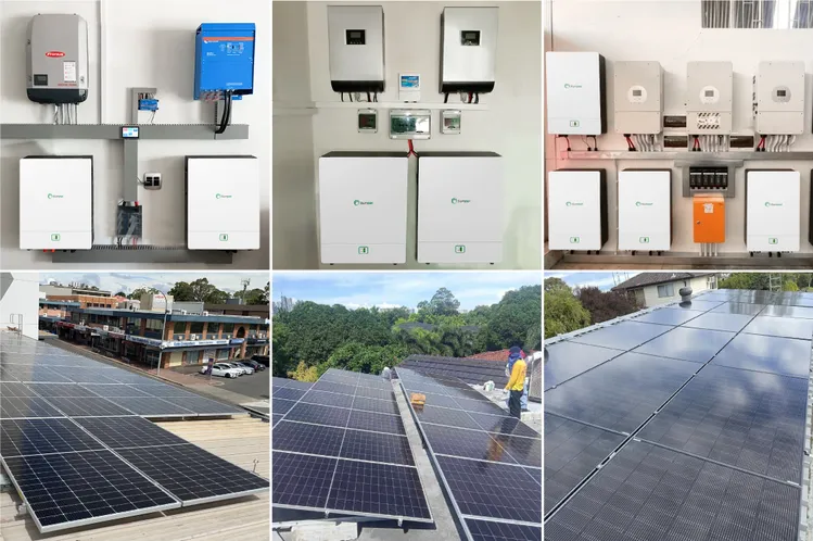 A six-panel collage showing various solar energy setups. The top three images feature wall-mounted hybrid inverters and lithium battery storage units indoors. The bottom three images show rooftop solar panel arrays installed on different building types.
