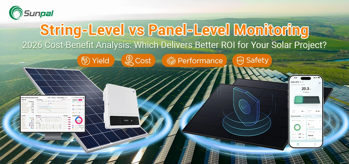 Infographic banner for Sunpal solar projects showing a side-by-side view of traditional inverter monitoring versus individual panel data on a smartphone.
