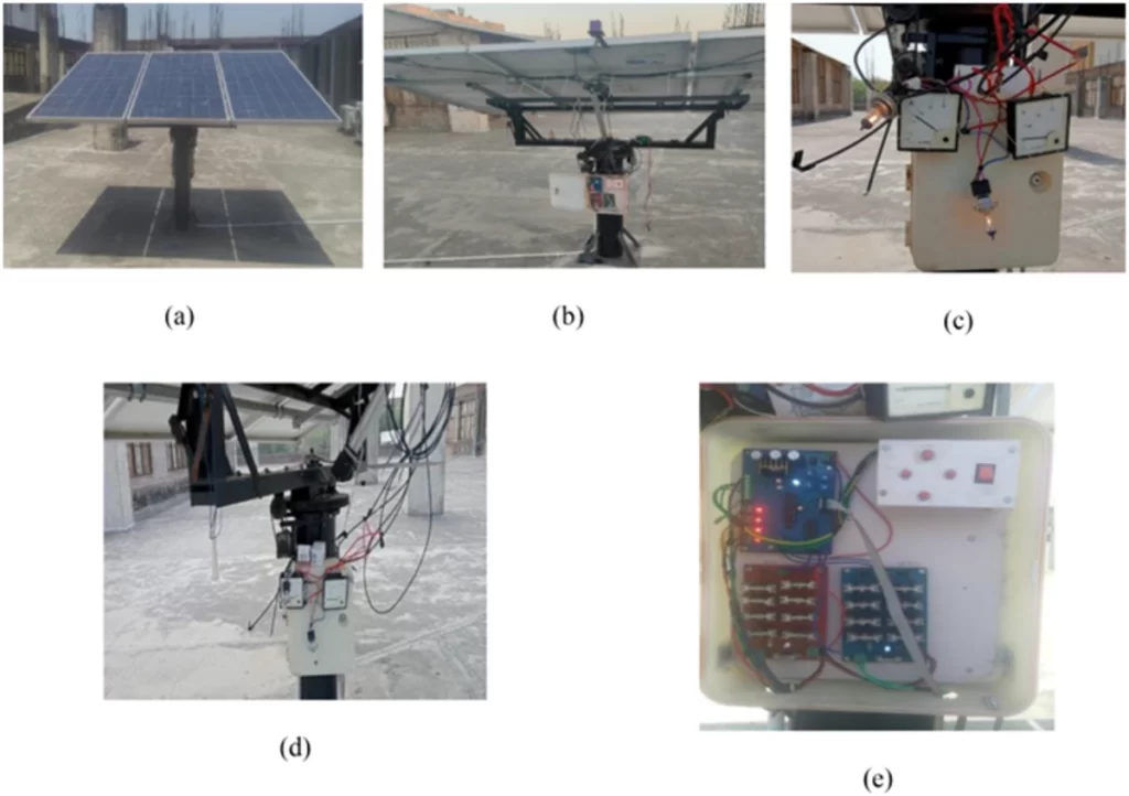 Five-panel image showing a solar panel tracking prototype, motorized mount, wiring and control electronics, and the system controller.