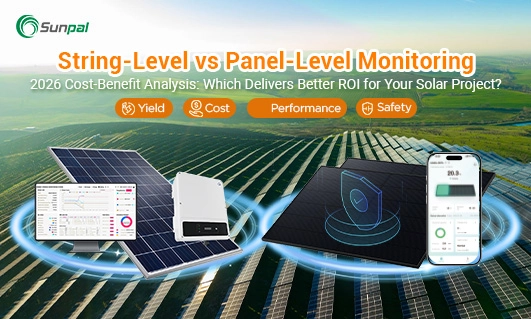 A digital banner comparing string-level and panel-level solar monitoring, featuring data dashboards, hardware, and icons for yield, cost, performance, and safety.