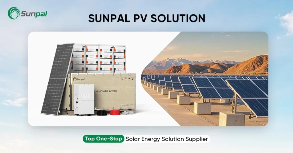 An image featuring a Sunpal solar power system with modular batteries and an inverter on the left, and a large-scale solar farm in a desert landscape with mountains on the right.