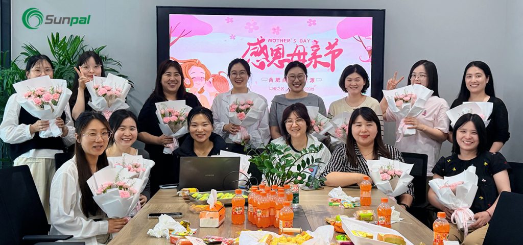 Group photo of Sunpal Solar female employees with flowers at a tea gathering.