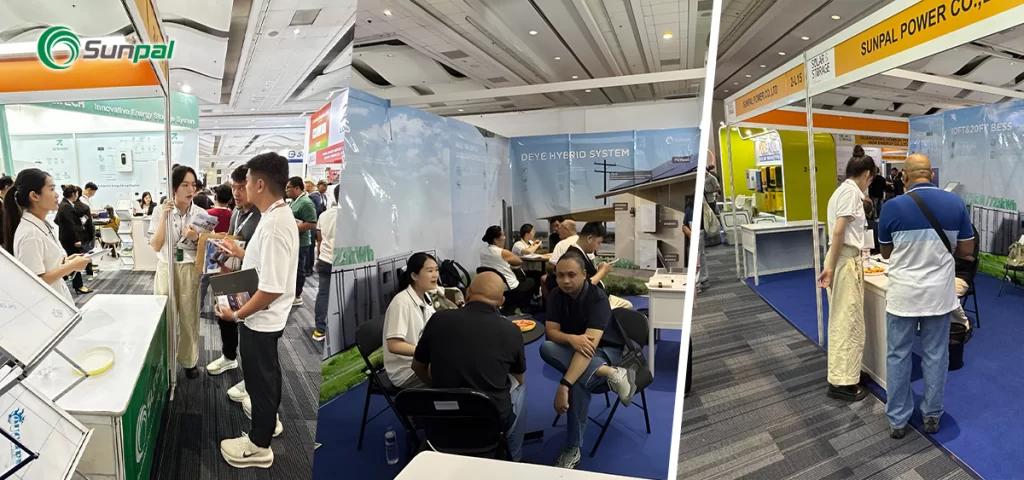A three-panel collage showing Sunpal team members actively interacting, consulting, and seated in discussions with various international clients at their busy exhibition booth.