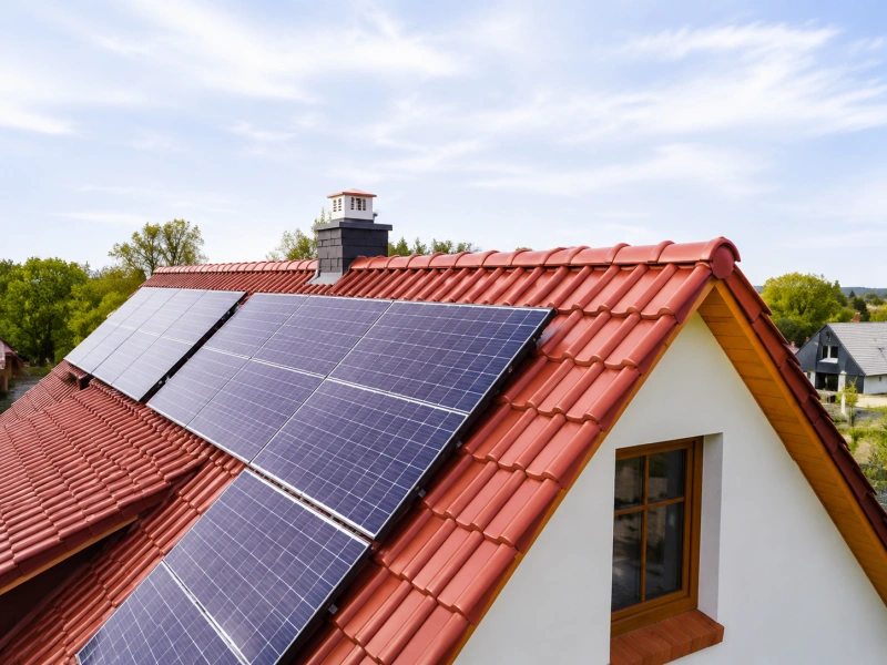 Paneles solares residenciales montados en tejado a dos aguas de tejas de barro rojo