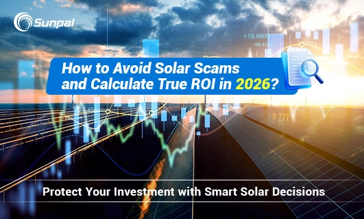 Solar farm with financial charts and Sunpal logo.