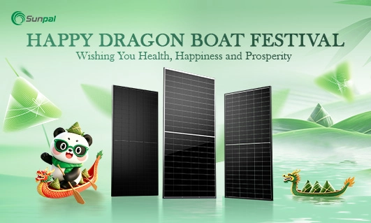 Dragon Boat Festival banner with Sunpal solar panels and a mascot.