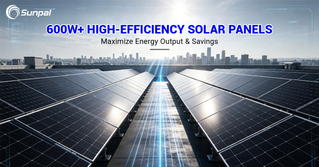 Rooftop solar array displaying Sunpal 600W high-efficiency PV modules