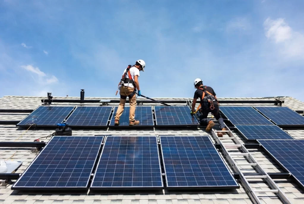Two workers installing solar panels on a roof.
