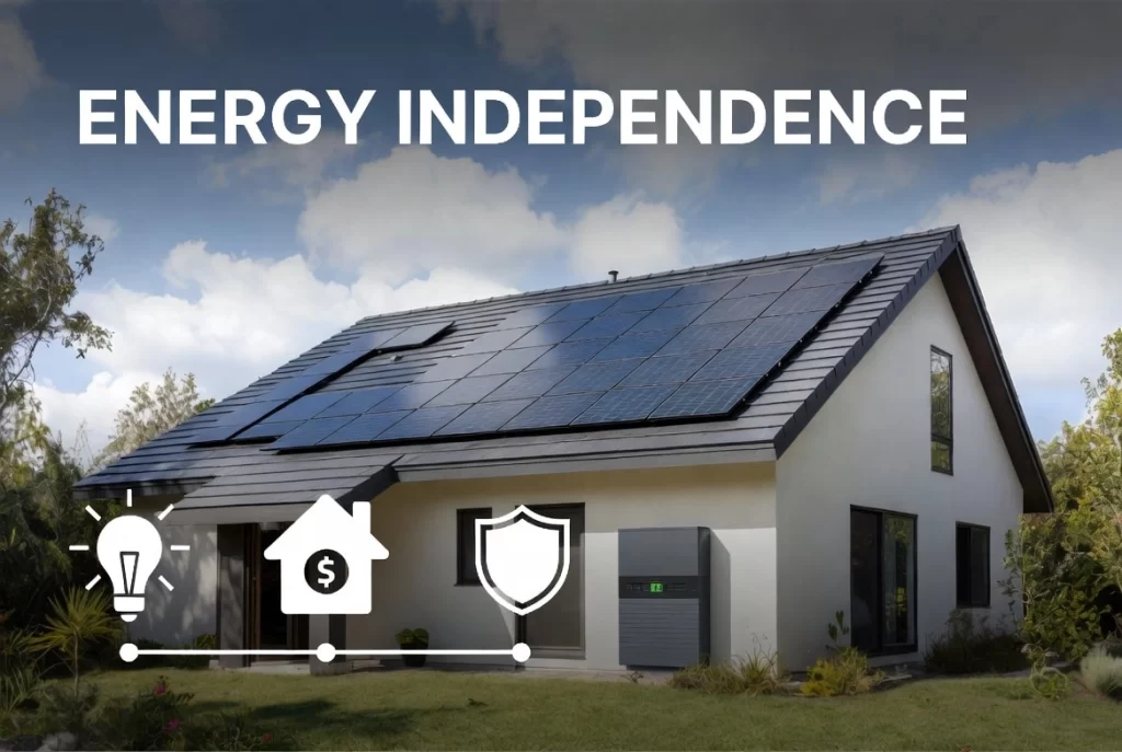 Home with solar panels and battery storage, showing energy-saving icons.