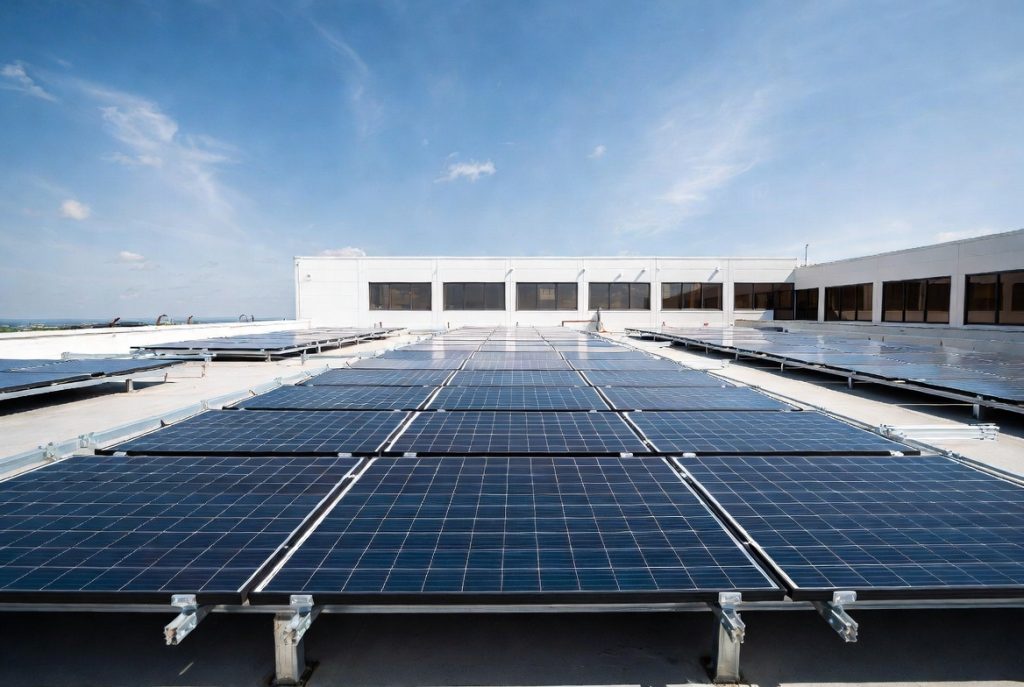 Solar panels installed on a commercial rooftop.