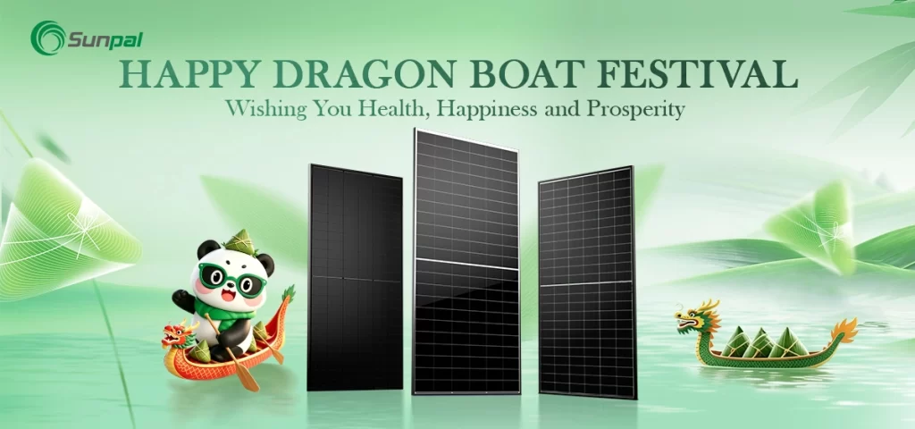 Green festival-themed banner with three solar panels and dragon boats.