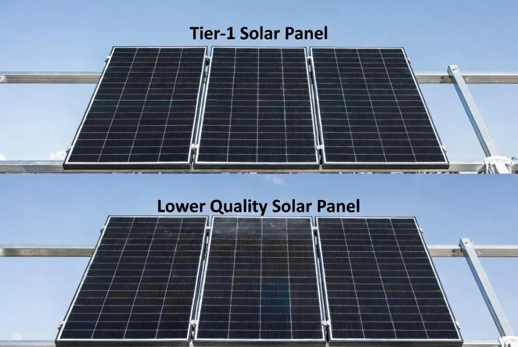 Two rows of solar panels labeled Tier-1 and lower quality.