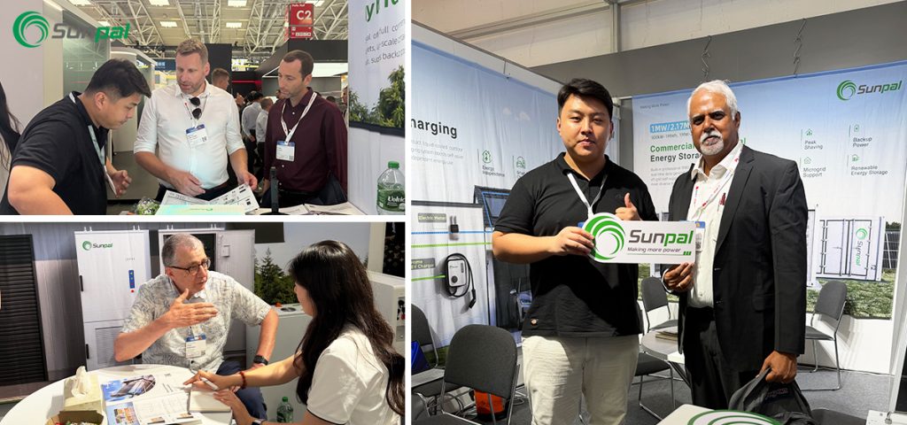 A three-panel collage showcasing Sunpal Solar staff conducting business consultations, reviewing brochures with international clients, and posing with a partner while holding a Sunpal logo sign.