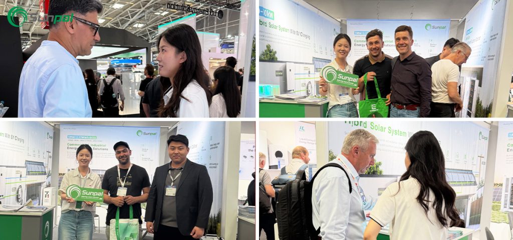 A four-panel collage showing Sunpal Solar representatives interacting with European visitors, holding brand signs, and presenting energy solutions inside their exhibition booth.