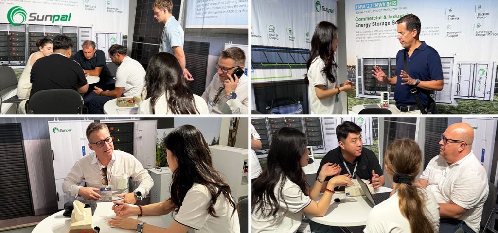A four-panel collage of Sunpal Solar representatives holding detailed face-to-face business meetings and technical consultations with visitors at their exhibition booth.