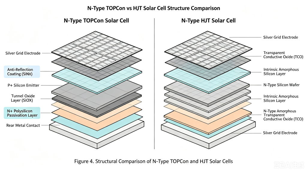 Side-by-side diagram comparing TOPCon and HJT solar cell layer architectures.