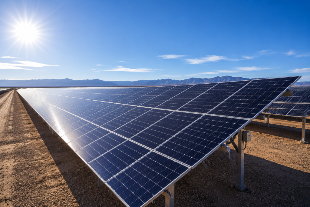 Large solar farm using 700W N-Type HJT bifacial panels under blue skies.