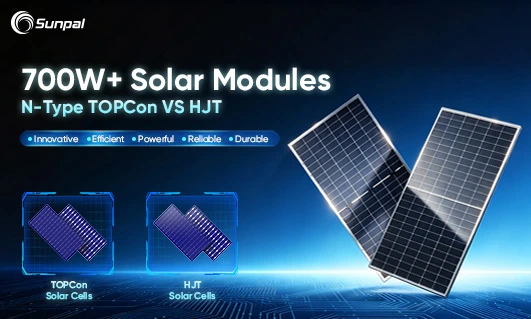 Graphic comparing N-Type TOPCon and HJT solar cells beside two solar panels.