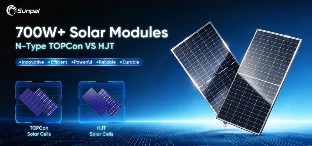 Promotional image showing two solar panels and illustrated TOPCon and HJT cells.