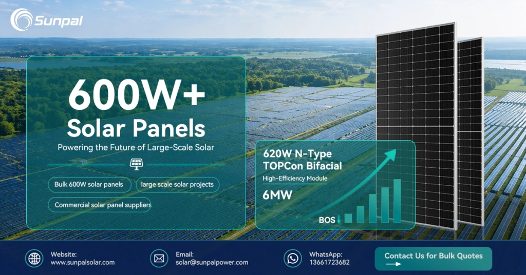 600W+ solar panels for large-scale solar projects, featuring a 620W N-Type TOPCon bifacial module