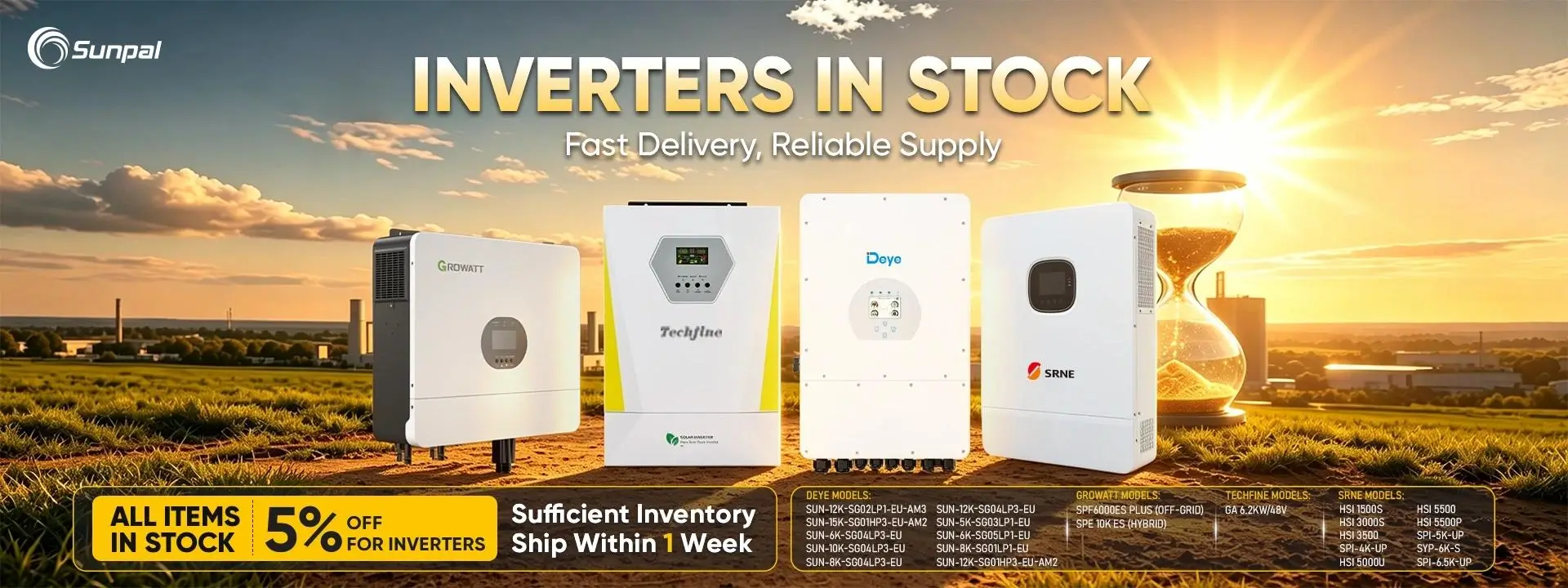 Sunpal commercial solar inverters including Growatt, Deye, and SRNE models displayed in a solar field, highlighting a 5% off in-stock wholesale promotion.