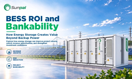 Sunpal battery storage container beside a solar farm and wind turbine.