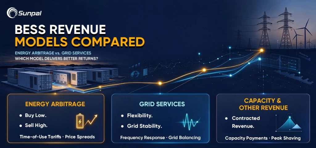 Battery storage facility and charts illustrate energy arbitrage, grid services, and capacity revenue.