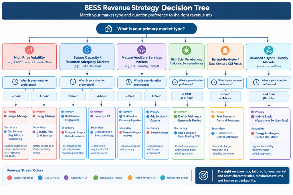 Decision tree matching BESS market types and duration preferences with revenue strategies.