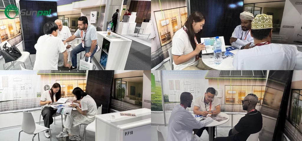 A collage of images showing Sunpal Solar staff seated with clients at discussion tables, reviewing brochures and exchanging contacts at MEE 2026.