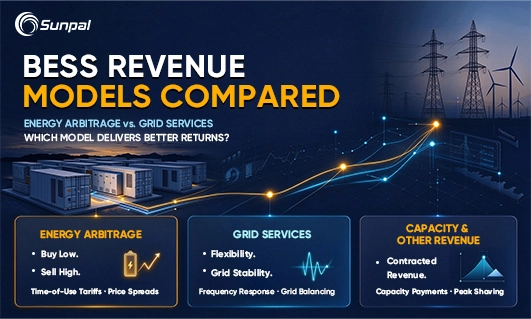 Banner comparing BESS revenue from energy arbitrage, grid services, and capacity markets.