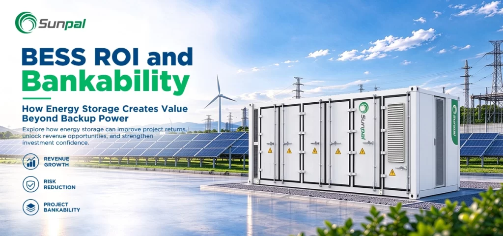 Utility-scale battery energy storage system integrated with solar panels and wind power.