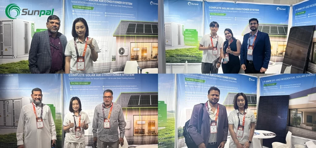 A photo collage showing Sunpal Solar staff members interacting and posing with various international visitors at their booth during Middle East Energy 2026.