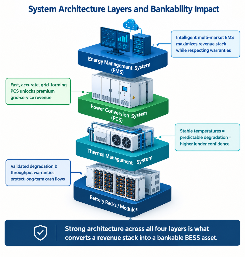 Infographic showing the EMS, power conversion, thermal management, and battery layers of a BESS.