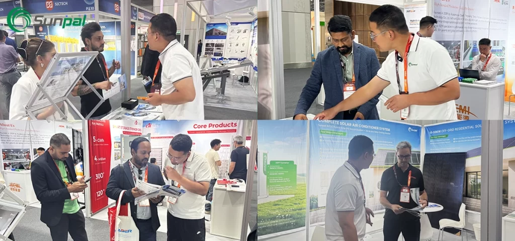 A photo collage showing Sunpal Solar representatives reviewing brochures and presenting solar energy solutions to visitors at their exhibition booth.
